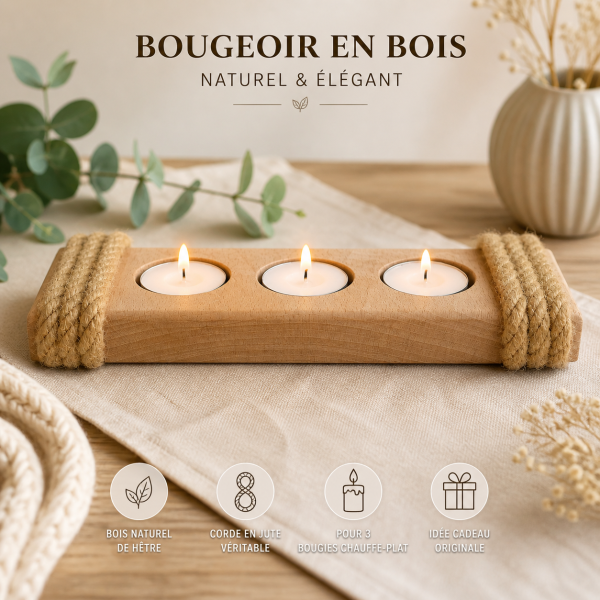 Bougeoir triple bois et cordage