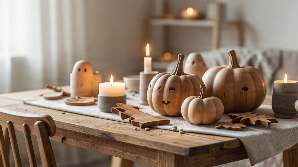 Décoration d'Halloween en bois de style scandinave avec citrouilles minimalistes et bougies.